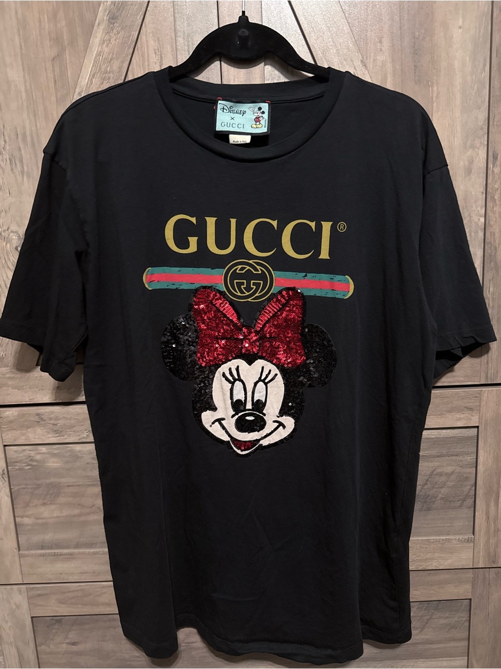 Gucci Black Tee with Sequin Minnie Bow and Logo